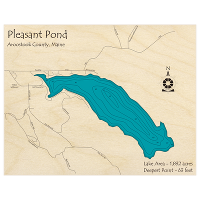 Bathymetric topo map of Pleasant Pond with roads, towns and depths noted in blue water