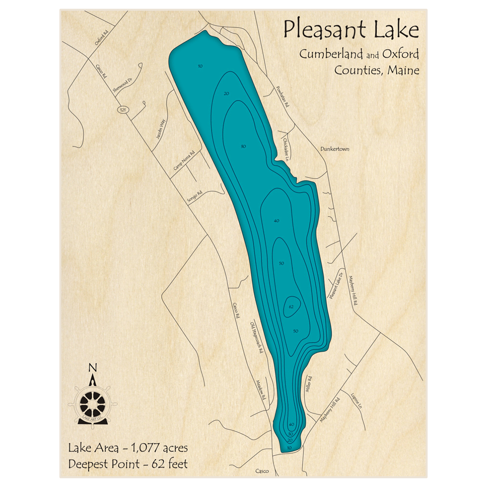 Bathymetric topo map of Pleasant Lake with roads, towns and depths noted in blue water