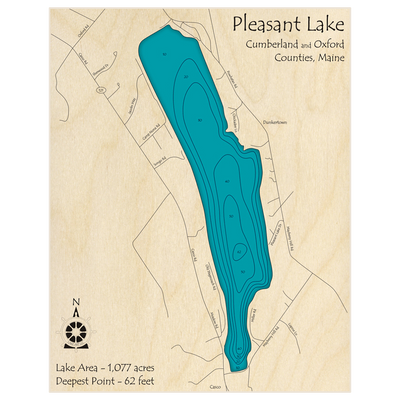 Bathymetric topo map of Pleasant Lake with roads, towns and depths noted in blue water