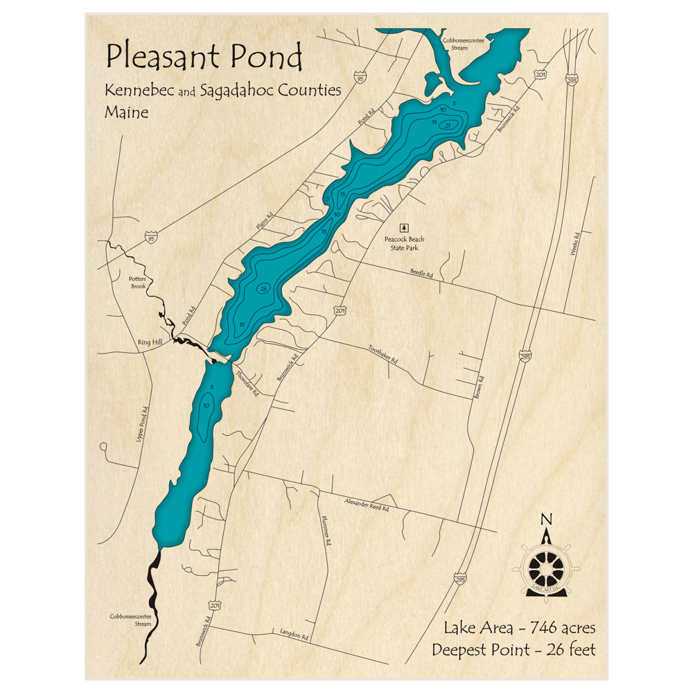 Bathymetric topo map of Pleasant Pond with roads, towns and depths noted in blue water