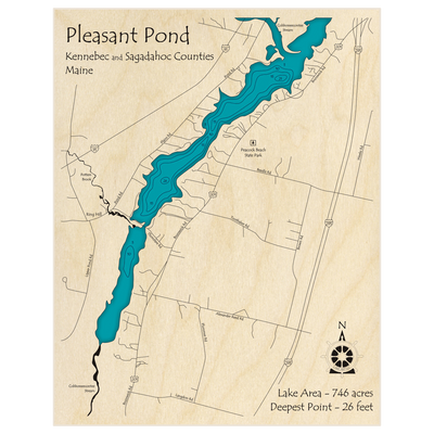 Bathymetric topo map of Pleasant Pond with roads, towns and depths noted in blue water