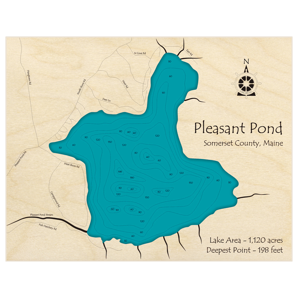 Bathymetric topo map of Pleasant Pond with roads, towns and depths noted in blue water