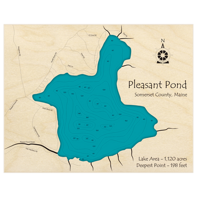 Bathymetric topo map of Pleasant Pond with roads, towns and depths noted in blue water