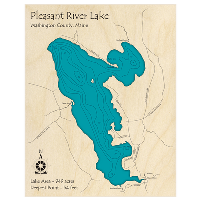 Bathymetric topo map of Pleasant River Lake with roads, towns and depths noted in blue water