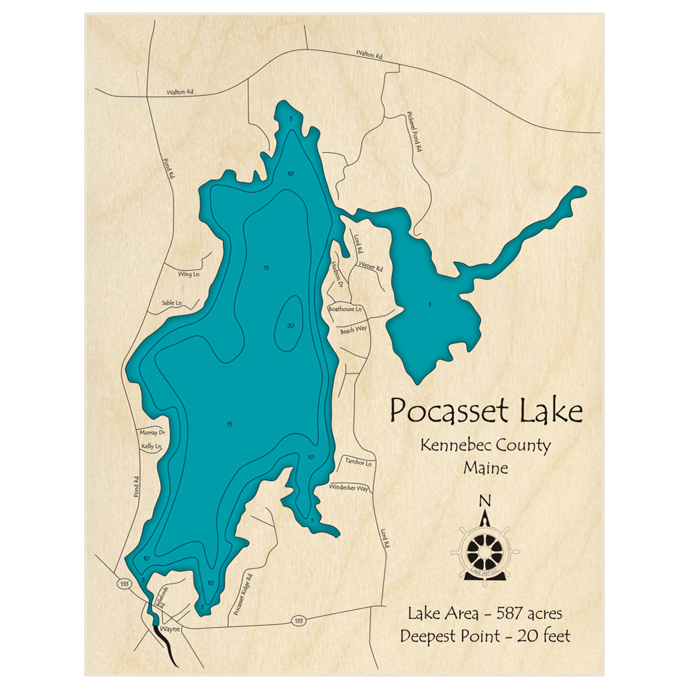 Bathymetric topo map of Pocasset Lake with roads, towns and depths noted in blue water