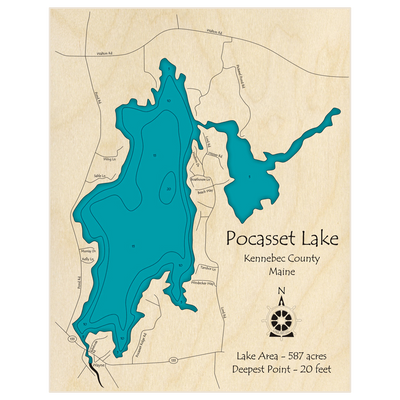 Bathymetric topo map of Pocasset Lake with roads, towns and depths noted in blue water