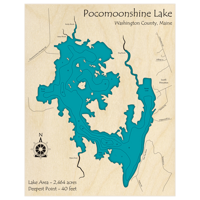 Bathymetric topo map of Pocomoonshine Lake with roads, towns and depths noted in blue water