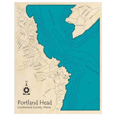 Bathymetric topo map of Portland Head with roads, towns and depths noted in blue water