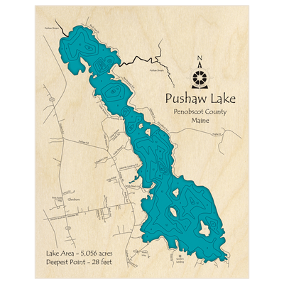 Bathymetric topo map of Pushaw Lake with roads, towns and depths noted in blue water