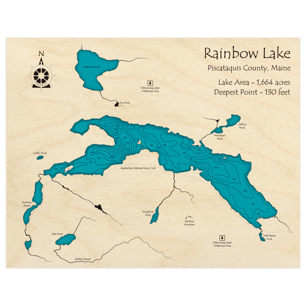 Bathymetric topo map of Rainbow Lake with roads, towns and depths noted in blue water