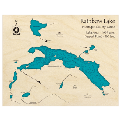 Bathymetric topo map of Rainbow Lake with roads, towns and depths noted in blue water