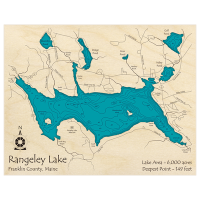 Bathymetric topo map of Rangeley Lake with roads, towns and depths noted in blue water