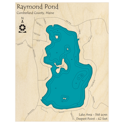 Bathymetric topo map of Raymond Pond with roads, towns and depths noted in blue water