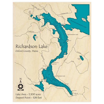 Bathymetric topo map of Richardson Lake with roads, towns and depths noted in blue water