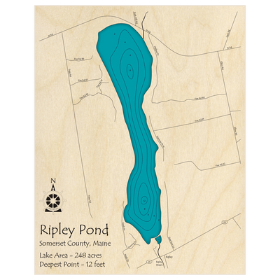 Bathymetric topo map of Ripley Pond with roads, towns and depths noted in blue water