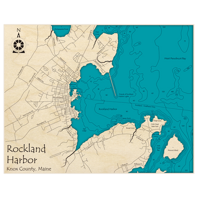 Bathymetric topo map of Rockland Harbor with roads, towns and depths noted in blue water