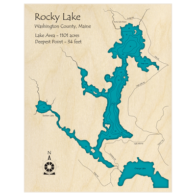 Bathymetric topo map of Rocky Lake with roads, towns and depths noted in blue water