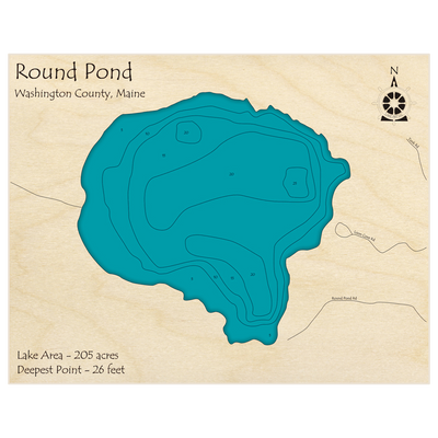 Bathymetric topo map of Round Pond with roads, towns and depths noted in blue water