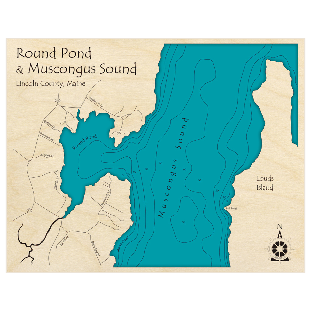 Bathymetric topo map of Round Pond and Muscongus Pond with roads, towns and depths noted in blue water