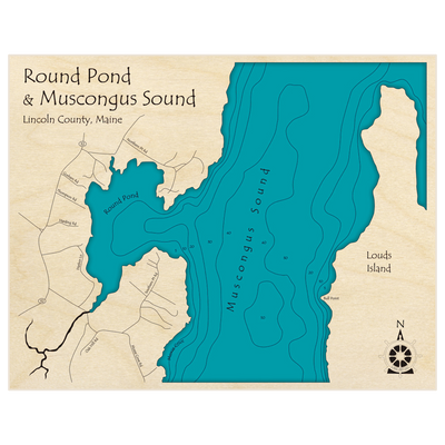 Bathymetric topo map of Round Pond and Muscongus Pond with roads, towns and depths noted in blue water