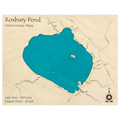 Bathymetric topo map of Roxbury Pond with roads, towns and depths noted in blue water