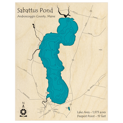 Bathymetric topo map of Sabattus Pond with roads, towns and depths noted in blue water