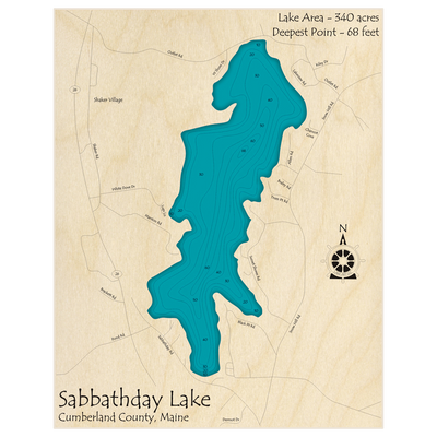 Bathymetric topo map of Sabbathday Lake with roads, towns and depths noted in blue water