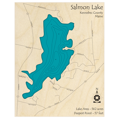 Bathymetric topo map of Salmon Lake with roads, towns and depths noted in blue water