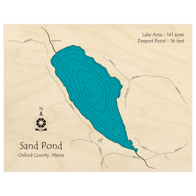 Bathymetric topo map of Sand Pond with roads, towns and depths noted in blue water