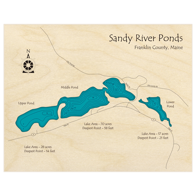 Bathymetric topo map of Sandy River Ponds (Upper Middle Lower Ponds) with roads, towns and depths noted in blue water