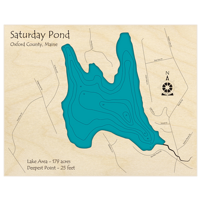 Bathymetric topo map of Saturday Pond with roads, towns and depths noted in blue water