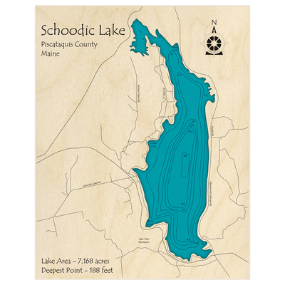 Bathymetric topo map of Schoodic Lake with roads, towns and depths noted in blue water