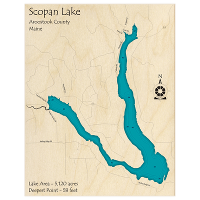 Bathymetric topo map of Scopan Lake with roads, towns and depths noted in blue water