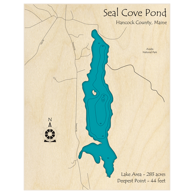 Bathymetric topo map of Seal Cove Pond with roads, towns and depths noted in blue water