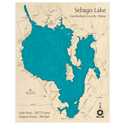 Bathymetric topo map of Sebago Lake with roads, towns and depths noted in blue water