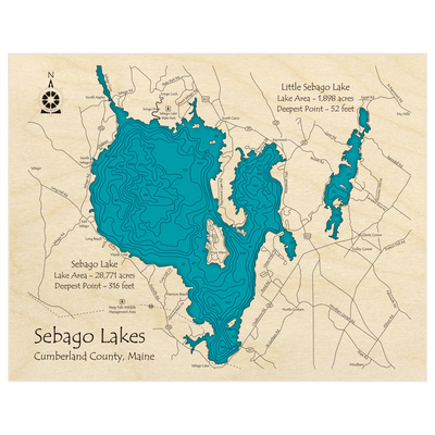 Bathymetric topo map of Sebago and Little Sebago Lakes with roads, towns and depths noted in blue water