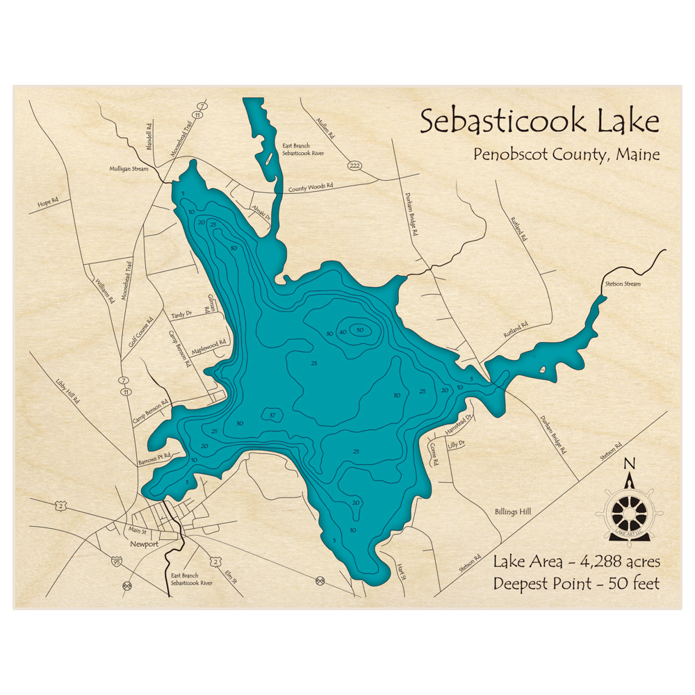 Bathymetric topo map of Sebasticook Lake with roads, towns and depths noted in blue water