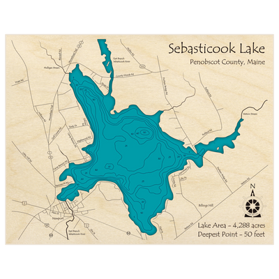 Bathymetric topo map of Sebasticook Lake with roads, towns and depths noted in blue water