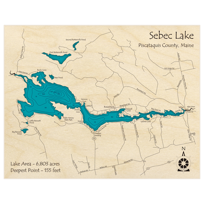 Bathymetric topo map of Sebec Lake with roads, towns and depths noted in blue water