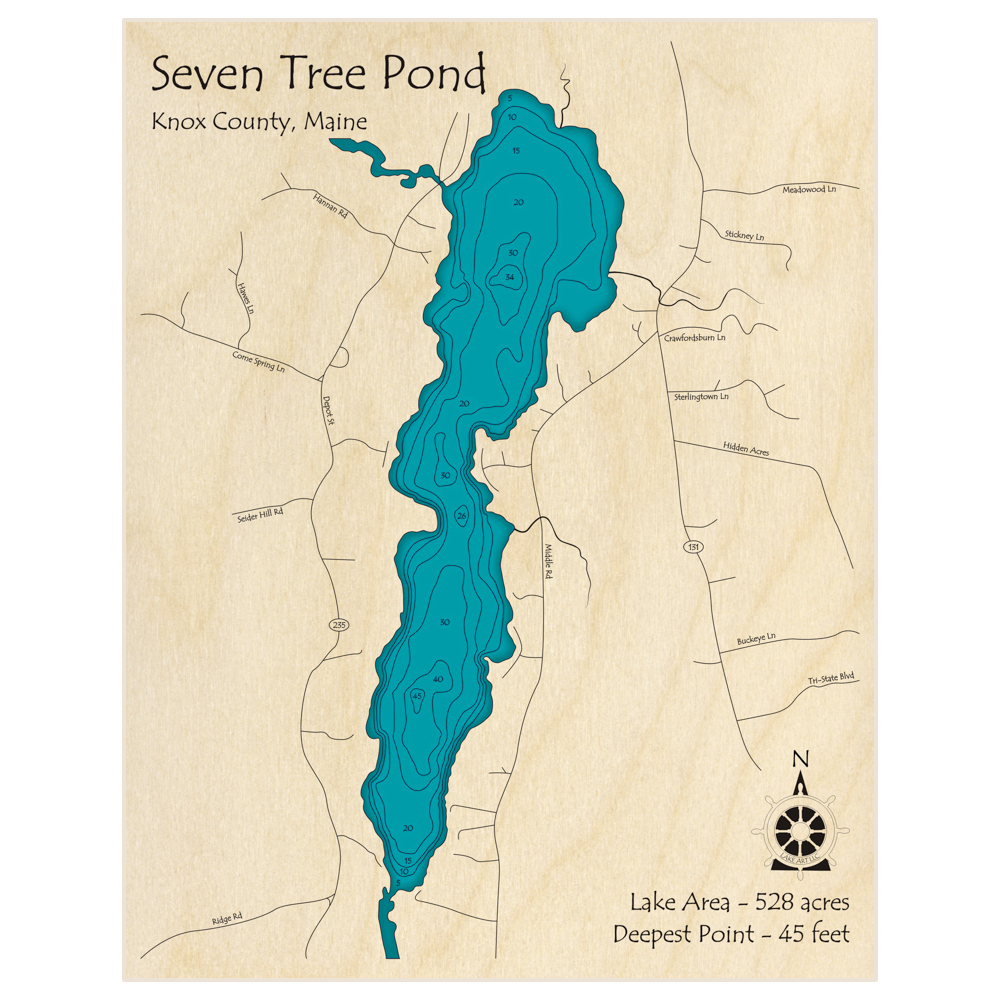 Bathymetric topo map of Seven Tree Pond with roads, towns and depths noted in blue water