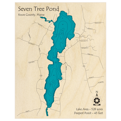 Bathymetric topo map of Seven Tree Pond with roads, towns and depths noted in blue water