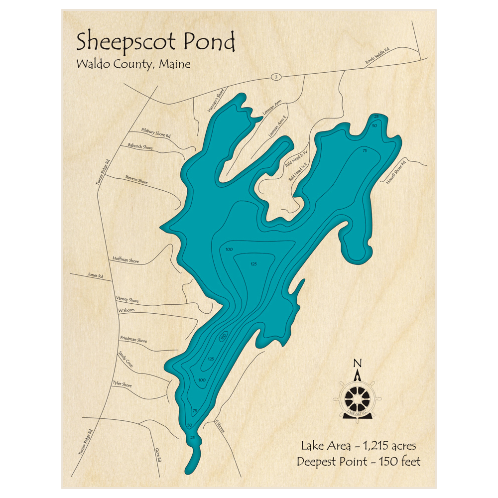 Bathymetric topo map of Sheepscot Pond with roads, towns and depths noted in blue water