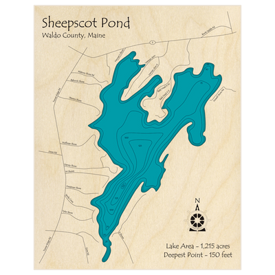 Bathymetric topo map of Sheepscot Pond with roads, towns and depths noted in blue water