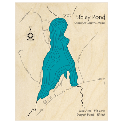 Bathymetric topo map of Sibley Pond with roads, towns and depths noted in blue water