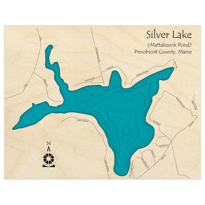 Bathymetric topo map of Silver Lake (Mattakeunk Pond) with roads, towns and depths noted in blue water