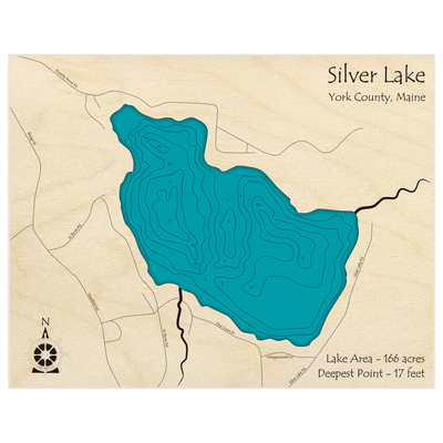 Bathymetric topo map of Silver Lake with roads, towns and depths noted in blue water