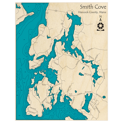 Bathymetric topo map of Smith Cove with roads, towns and depths noted in blue water