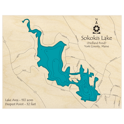 Bathymetric topo map of Sokokis Lake (Holland Pond) with roads, towns and depths noted in blue water