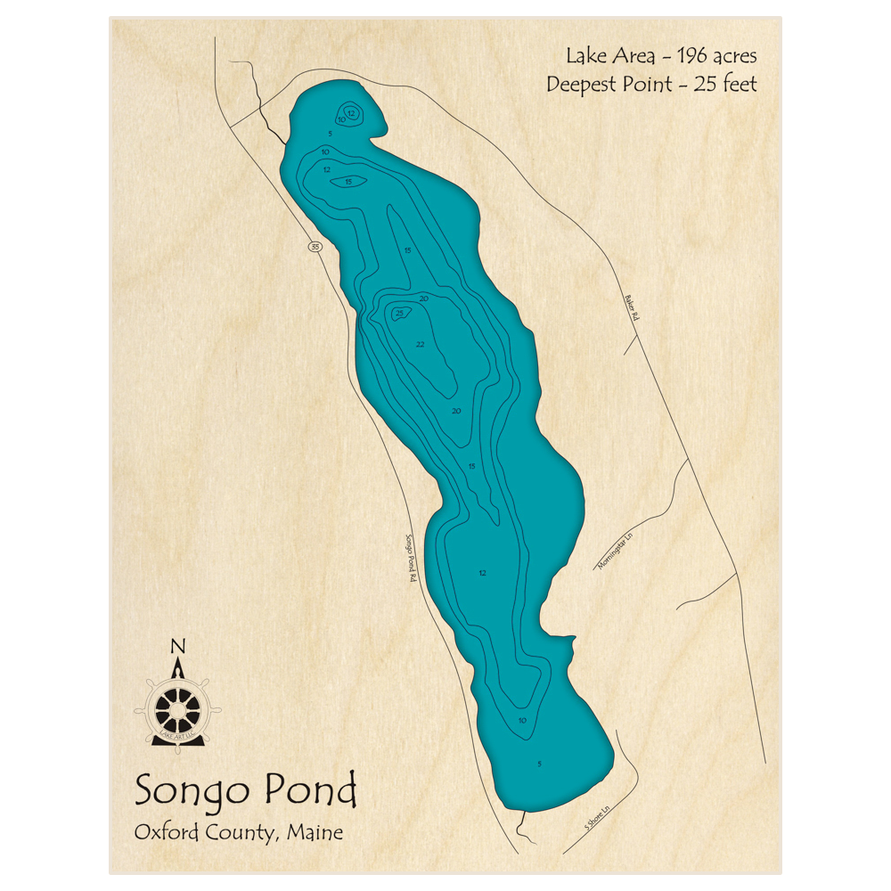 Bathymetric topo map of Songo Pond with roads, towns and depths noted in blue water