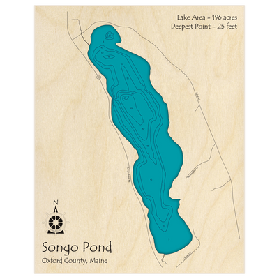 Bathymetric topo map of Songo Pond with roads, towns and depths noted in blue water